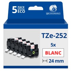 ✅ Pack de 5 Rubans compatible avec Brother TZe252- Texte rouge sur fond blanc - Largeur 24 mm x 8 mètres couleu en stock