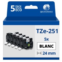 ✅ Pack de 5 Rubans compatible avec Brother TZe251- Texte noir sur fond blanc - Largeur 24 mm x 8 mètres couleur en stock