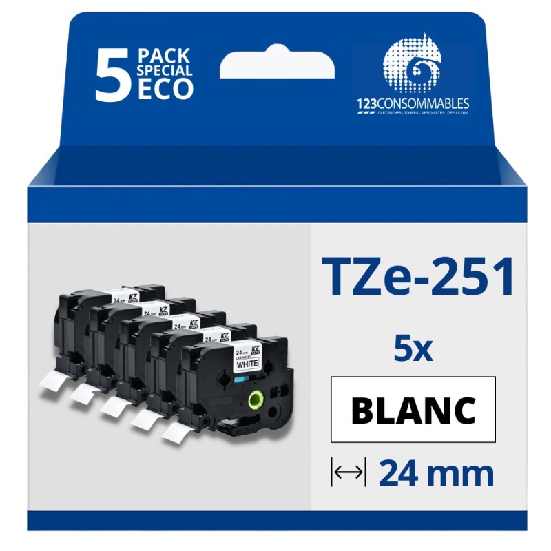 Pack de 5 Rubans compatible avec Brother TZe251- Texte noir sur fond blanc - Largeur 24 mm x 8 mètres Pack de 5 Rubans compatible avec Brother TZe251- Texte noir sur fond blanc - Largeur 24 mm x 8 mètres