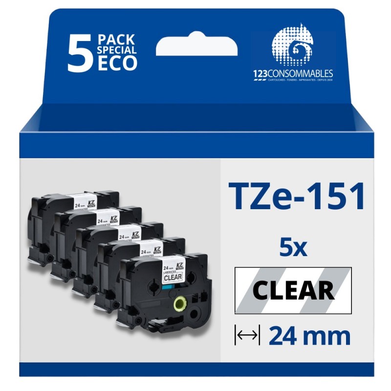 Pack de 5 Rubans compatible avec Brother TZe151- Texte noir sur fond transparent - Largeur 24 mm x 8 mètres Pack de 5 Rubans compatible avec Brother TZe151- Texte noir sur fond transparent - Largeur 24 mm x 8 mètres