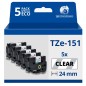 Pack de 5 Rubans compatible avec Brother TZe151- Texte noir sur fond transparent - Largeur 24 mm x 8 mètres Pack de 5 Rubans compatible avec Brother TZe151- Texte noir sur fond transparent - Largeur 24 mm x 8 mètres