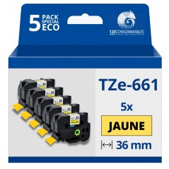 ✅ Pack de 5 Rubans compatible avec Brother TZe661- Texte noir sur fond jaune - Largeur 36 mm x 8 mètres couleur en stock