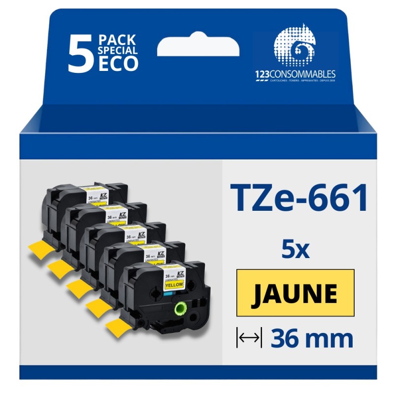 Pack de 5 Rubans compatible avec Brother TZe661- Texte noir sur fond jaune - Largeur 36 mm x 8 mètres Pack de 5 Rubans compatible avec Brother TZe661- Texte noir sur fond jaune - Largeur 36 mm x 8 mètres