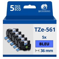 ✅ Pack de 5 Rubans compatible avec Brother TZe561- Texte noir sur fond bleu - Largeur 36 mm x 8 mètres couleur en stock