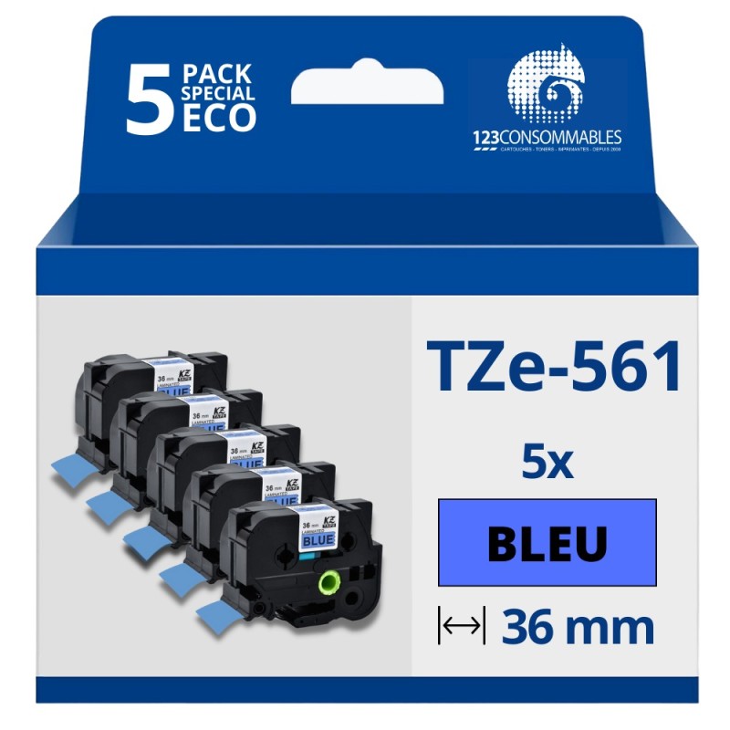 Pack de 5 Rubans compatible avec Brother TZe561- Texte noir sur fond bleu - Largeur 36 mm x 8 mètres Pack de 5 Rubans compatible avec Brother TZe561- Texte noir sur fond bleu - Largeur 36 mm x 8 mètres