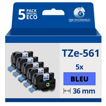 ✅ Pack de 5 Rubans compatible avec Brother TZe561- Texte noir sur fond bleu - Largeur 36 mm x 8 mètres couleur en stock