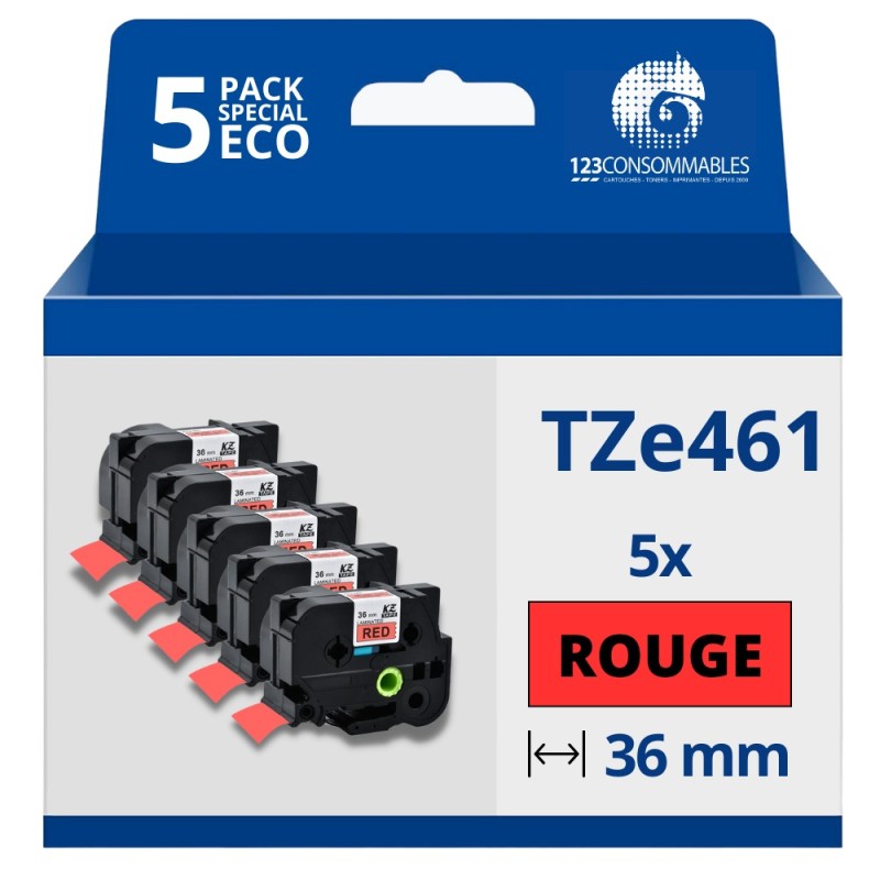 Pack de 5 Rubans compatible avec Brother TZe461- Texte noir sur fond rouge - Largeur 36 mm x 8 mètres Pack de 5 Rubans compatible avec Brother TZe461- Texte noir sur fond rouge - Largeur 36 mm x 8 mètres