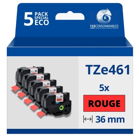 ✅ Pack de 5 Rubans compatible avec Brother TZe461- Texte noir sur fond rouge - Largeur 36 mm x 8 mètres couleur en stock