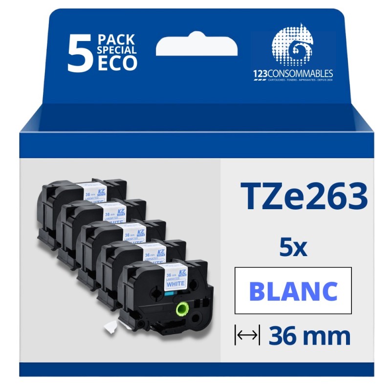 Pack de 5 Rubans compatible avec Brother TZe263- Texte bleu sur fond blanc - Largeur 36 mm x 8 mètres Pack de 5 Rubans compatible avec Brother TZe263- Texte bleu sur fond blanc - Largeur 36 mm x 8 mètres
