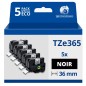 Pack de 5 Rubans compatible avec Brother TZe365- Texte blanc sur fond noir - Largeur 36 mm x 8 mètres Pack de 5 Rubans compatible avec Brother TZe365- Texte blanc sur fond noir - Largeur 36 mm x 8 mètres