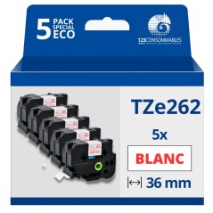 ✅ Pack de 5 Rubans compatible avec Brother TZe262- Texte rouge sur fond blanc - Largeur 36 mm x 8 mètres couleu en stock