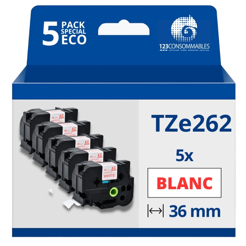 Pack de 5 Rubans compatible avec Brother TZe262- Texte rouge sur fond blanc - Largeur 36 mm x 8 mètres Pack de 5 Rubans compatible avec Brother TZe262- Texte rouge sur fond blanc - Largeur 36 mm x 8 mètres
