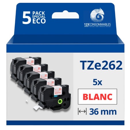 ✅ Pack de 5 Rubans compatible avec Brother TZe262- Texte rouge sur fond blanc - Largeur 36 mm x 8 mètres couleu en stock