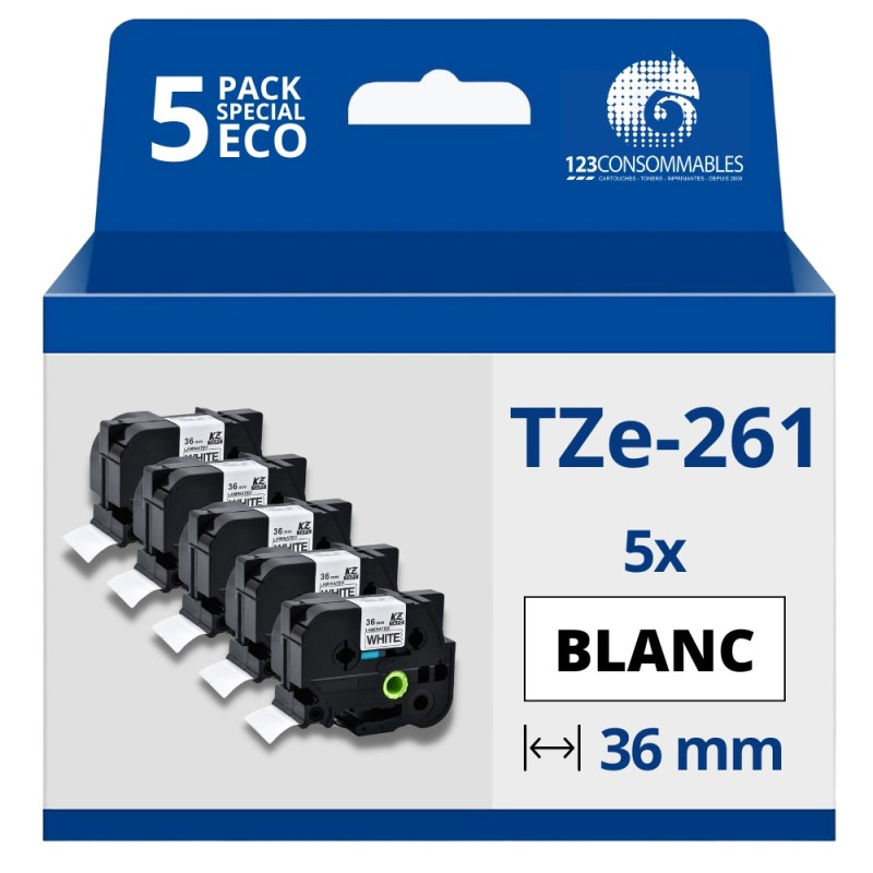 Pack de 5 Rubans compatible avec Brother TZe261- Texte noir sur fond blanc - Largeur 36 mm x 8 mètres Pack de 5 Rubans compatible avec Brother TZe261- Texte noir sur fond blanc - Largeur 36 mm x 8 mètres