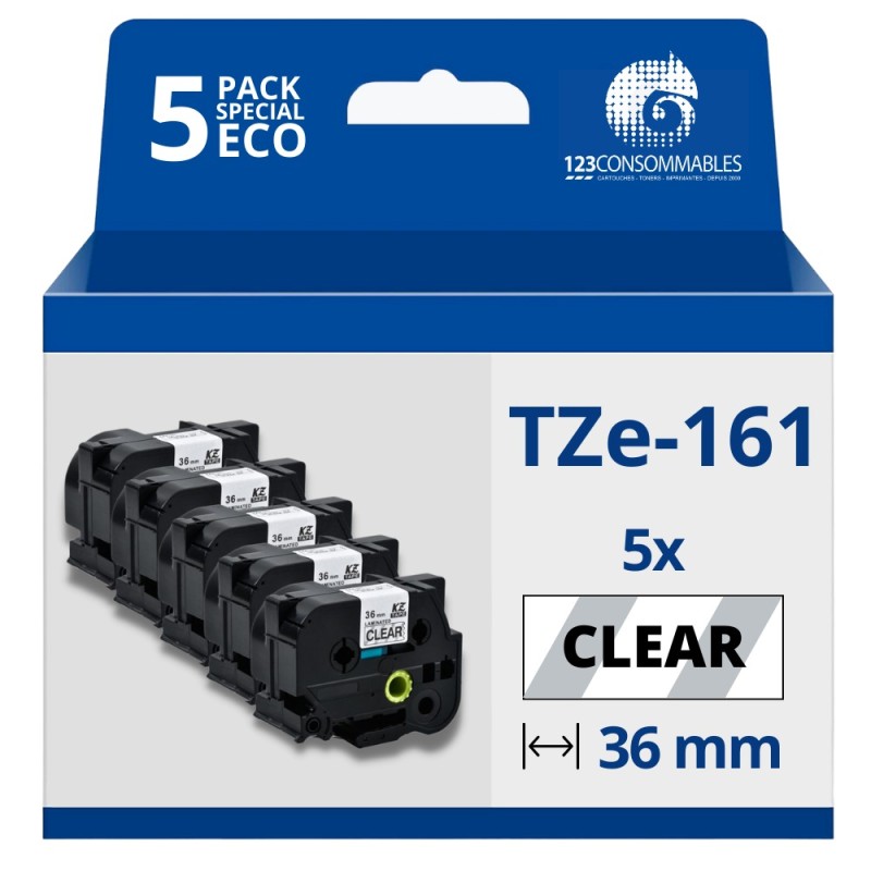 Pack de 5 Rubans compatible avec Brother TZe161- Texte noir sur fond transparent - Largeur 36 mm x 8 mètres Pack de 5 Rubans compatible avec Brother TZe161- Texte noir sur fond transparent - Largeur 36 mm x 8 mètres