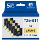 Pack de 5 Rubans compatible avec Brother TZe611- Texte noir sur fond jaune - Largeur 6 mm x 8 mètres Pack de 5 Rubans compatible avec Brother TZe611- Texte noir sur fond jaune - Largeur 6 mm x 8 mètres