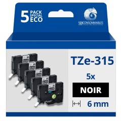 ✅ Pack de 5 Rubans compatible avec Brother TZe315- Texte blanc sur fond noir - Largeur 6 mm x 8 mètres couleur en stock