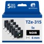 Pack de 5 Rubans compatible avec Brother TZe315- Texte blanc sur fond noir - Largeur 6 mm x 8 mètres Pack de 5 Rubans compatible avec Brother TZe315- Texte blanc sur fond noir - Largeur 6 mm x 8 mètres