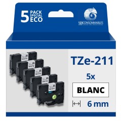 ✅ Pack de 5 Rubans compatible avec Brother TZe211- Texte noir sur fond blanc - Largeur 6 mm x 8 mètres couleur en stock