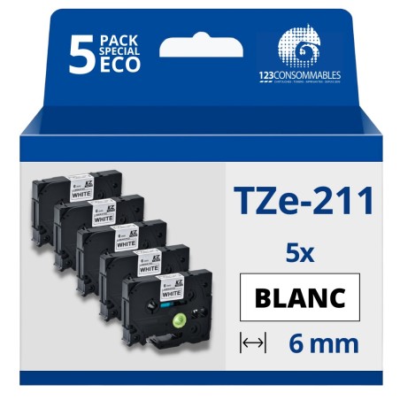 ✅ Pack de 5 Rubans compatible avec Brother TZe211- Texte noir sur fond blanc - Largeur 6 mm x 8 mètres couleur en stock
