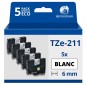 Pack de 5 Rubans compatible avec Brother TZe211- Texte noir sur fond blanc - Largeur 6 mm x 8 mètres Pack de 5 Rubans compatible avec Brother TZe211- Texte noir sur fond blanc - Largeur 6 mm x 8 mètres