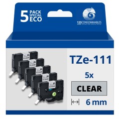 ✅ Pack de 5 Rubans compatible avec Brother TZe111- Texte noir sur fond transparent - Largeur 6 mm x 8 mètres co en stock