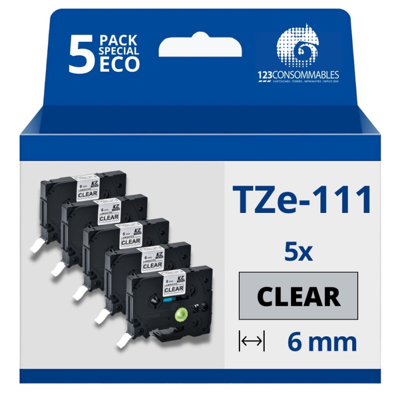 Pack de 5 Rubans compatible avec Brother TZe111- Texte noir sur fond transparent - Largeur 6 mm x 8 mètres Pack de 5 Rubans compatible avec Brother TZe111- Texte noir sur fond transparent - Largeur 6 mm x 8 mètres