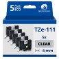 Pack de 5 Rubans compatible avec Brother TZe111- Texte noir sur fond transparent - Largeur 6 mm x 8 mètres Pack de 5 Rubans compatible avec Brother TZe111- Texte noir sur fond transparent - Largeur 6 mm x 8 mètres