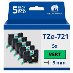✅ Pack de 5 Rubans compatible avec Brother TZe721- Texte noir sur fond vert - Largeur 9 mm x 8 mètres couleur N en stock