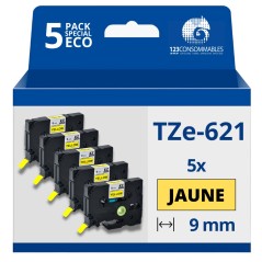 ✅ Pack de 5 Rubans compatible avec Brother TZe621- Texte noir sur fond jaune - Largeur 9 mm x 8 mètres couleur en stock