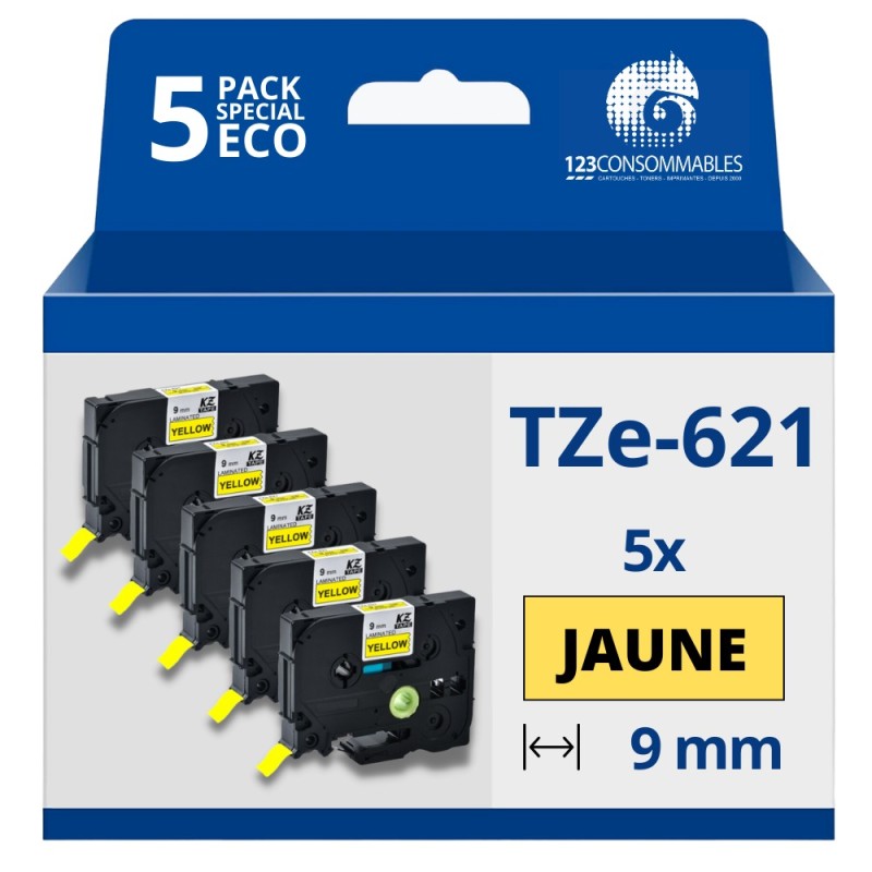 Pack de 5 Rubans compatible avec Brother TZe621- Texte noir sur fond jaune - Largeur 9 mm x 8 mètres Pack de 5 Rubans compatible avec Brother TZe621- Texte noir sur fond jaune - Largeur 9 mm x 8 mètres