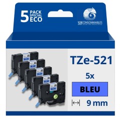 ✅ Pack de 5 Rubans compatible avec Brother TZe521- Texte noir sur fond bleu - Largeur 9 mm x 8 mètres couleur N en stock