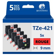 ✅ Pack de 5 Rubans compatible avec Brother TZe421- Texte noir sur fond rouge - Largeur 9 mm x 8 mètres couleur en stock