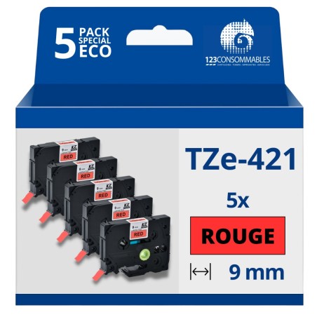 ✅ Pack de 5 Rubans compatible avec Brother TZe421- Texte noir sur fond rouge - Largeur 9 mm x 8 mètres couleur en stock