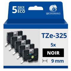 ✅ Pack de 5 Rubans compatible avec Brother TZe325 - Texte blanc sur fond noir - Largeur 9 mm x 8 mètres couleur en stock