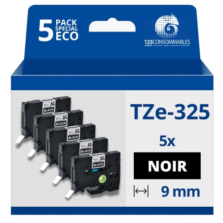 ✅ Pack de 5 Rubans compatible avec Brother TZe325 - Texte blanc sur fond noir - Largeur 9 mm x 8 mètres couleur en stock