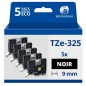 Pack de 5 Rubans compatible avec Brother TZe325 - Texte blanc sur fond noir - Largeur 9 mm x 8 mètres Pack de 5 Rubans compatible avec Brother TZe325 - Texte blanc sur fond noir - Largeur 9 mm x 8 mètres