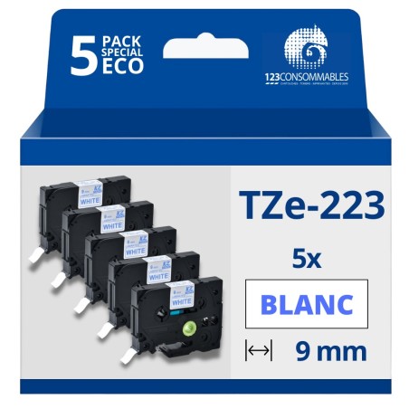 ✅ Pack de 5 Rubans compatible avec Brother TZe223 - Texte bleu sur fond blanc - Largeur 9 mm x 8 mètres couleur en stock