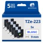 Pack de 5 Rubans compatible avec Brother TZe223 - Texte bleu sur fond blanc - Largeur 9 mm x 8 mètres Pack de 5 Rubans compatible avec Brother TZe223 - Texte bleu sur fond blanc - Largeur 9 mm x 8 mètres