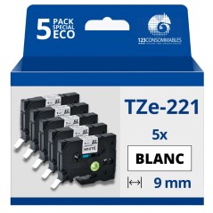✅ Pack de 5 Rubans compatible avec Brother TZe221 - Texte noir sur fond blanc - Largeur 9 mm x 8 mètres couleur en stock