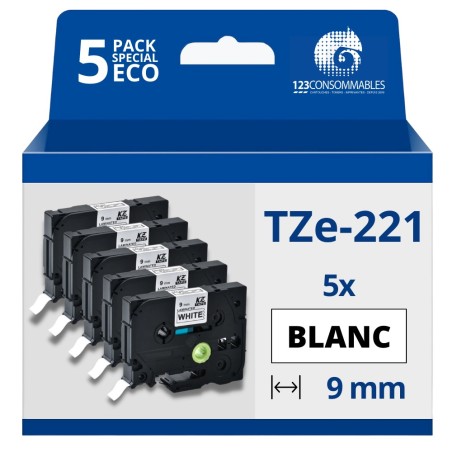 ✅ Pack de 5 Rubans compatible avec Brother TZe221 - Texte noir sur fond blanc - Largeur 9 mm x 8 mètres couleur en stock