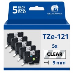 ✅ Pack de 5 Rubans compatible avec Brother TZe121 - Texte noir sur fond transparent - Largeur 9 mm x 8 mètres c en stock