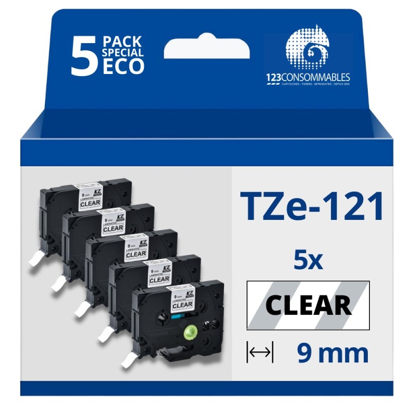Pack de 5 Rubans compatible avec Brother TZe121 - Texte noir sur fond transparent - Largeur 9 mm x 8 mètres Pack de 5 Rubans compatible avec Brother TZe121 - Texte noir sur fond transparent - Largeur 9 mm x 8 mètres