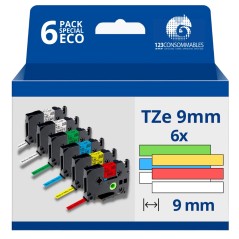 ✅ Pack de 6 Rubans compatible avec Brother TZe - Texte noir/blanc sur fond couleurs - Largeur 9 mm x 8 mètres c en stock