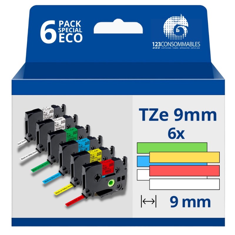 Pack de 6 Rubans compatible avec Brother TZe - Texte noir/blanc sur fond couleurs - Largeur 9 mm x 8 mètres Pack de 6 Rubans compatible avec Brother TZe - Texte noir/blanc sur fond couleurs - Largeur 9 mm x 8 mètres