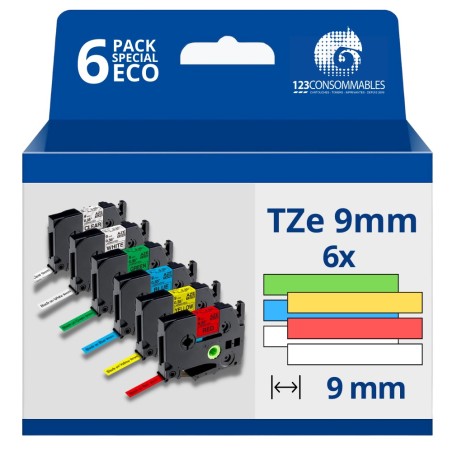✅ Pack de 6 Rubans compatible avec Brother TZe - Texte noir/blanc sur fond couleurs - Largeur 9 mm x 8 mètres c en stock