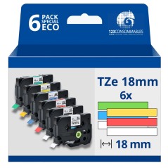 ✅ Pack de 6 Rubans compatible avec Brother TZe - Texte noir/blanc sur fond couleurs - Largeur 18 mm x 8 mètres en stock