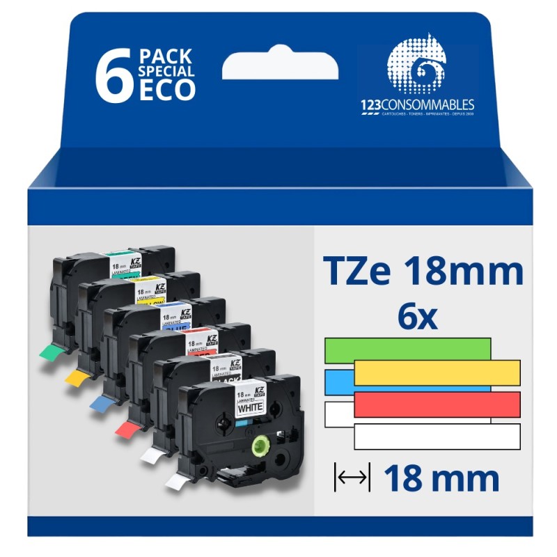 Pack de 6 Rubans compatible avec Brother TZe - Texte noir/blanc sur fond couleurs - Largeur 18 mm x 8 mètres Pack de 6 Rubans compatible avec Brother TZe - Texte noir/blanc sur fond couleurs - Largeur 18 mm x 8 mètres