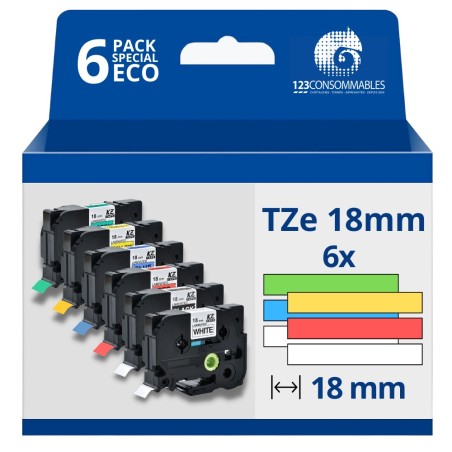 ✅ Pack de 6 Rubans compatible avec Brother TZe - Texte noir/blanc sur fond couleurs - Largeur 18 mm x 8 mètres en stock