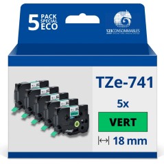 ✅ Pack de 5 Rubans compatible avec Brother TZe741 - Texte noir sur fond vert - Largeur 18 mm x 8 mètres couleur en stock